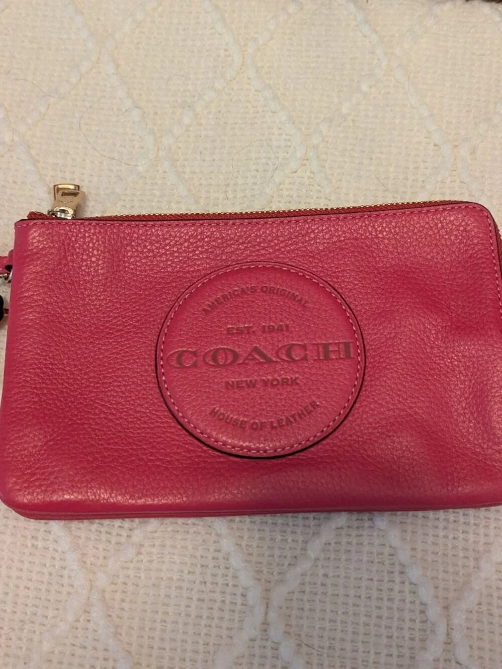 COACH Dempsey Double Zip Wristlet with Patch - Fuchsia color